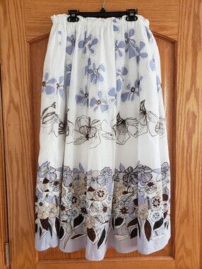 LA BLEND White Midi Skirt with Lavender & Brown Floral Border Sequens Beads Sz.L